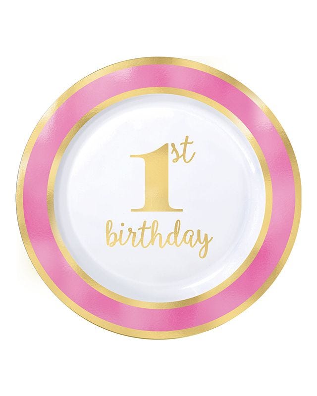 1st Birthday Pink Border Plate - 26cm (10pk)