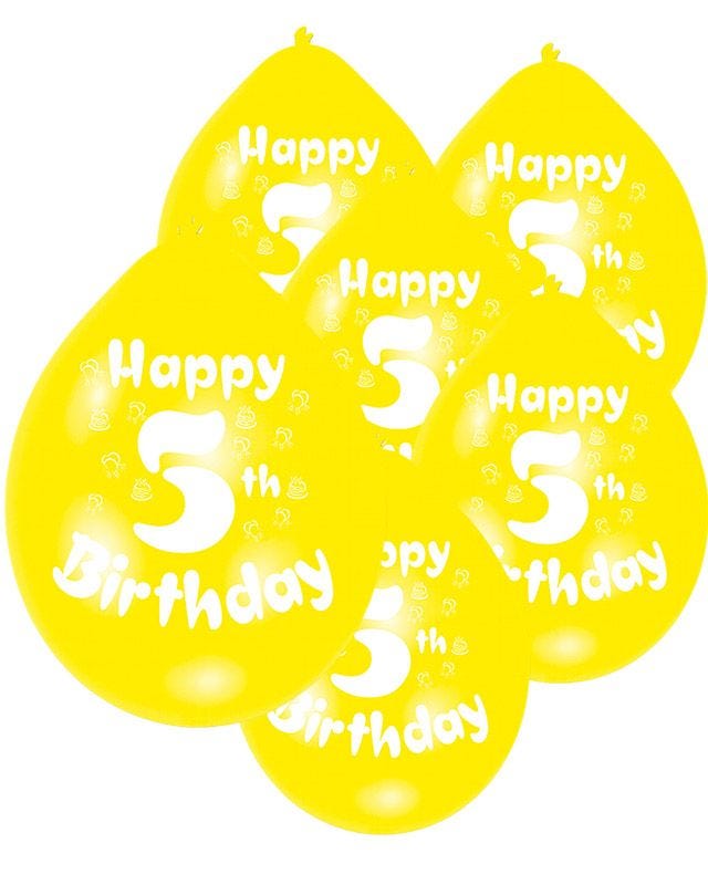 Assorted Multicolour Happy 5th Birthday - 9" Latex Balloons (10pk)