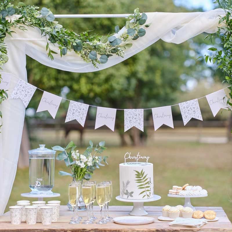 White & Green Botanical Christening Paper Bunting - 2m