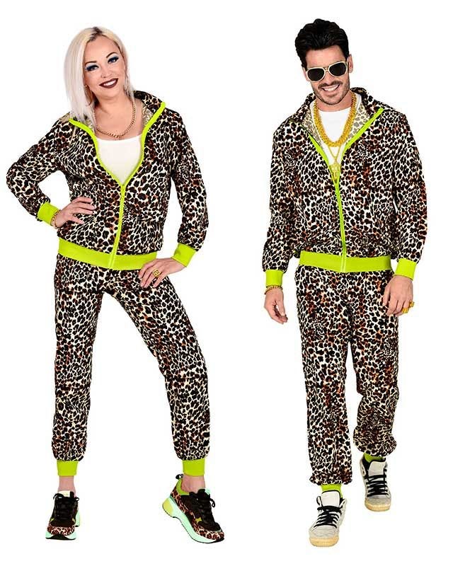 80s Black Leopard Print Shell Suit - Adult Costume