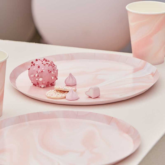 Pink Marble Paper Plates - 25cm (8pk)