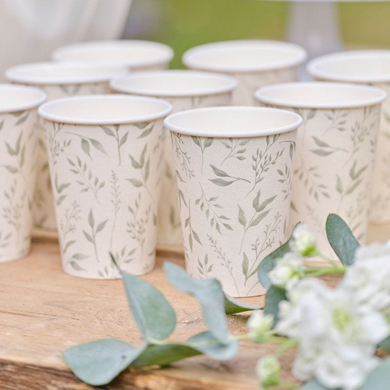 White & Green Botanical Christening Paper Cups - 266ml (8pk)