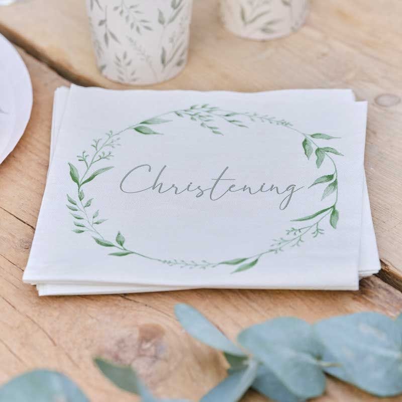 White & Green Botanical Christening Paper Napkins - 33cm (16pk)