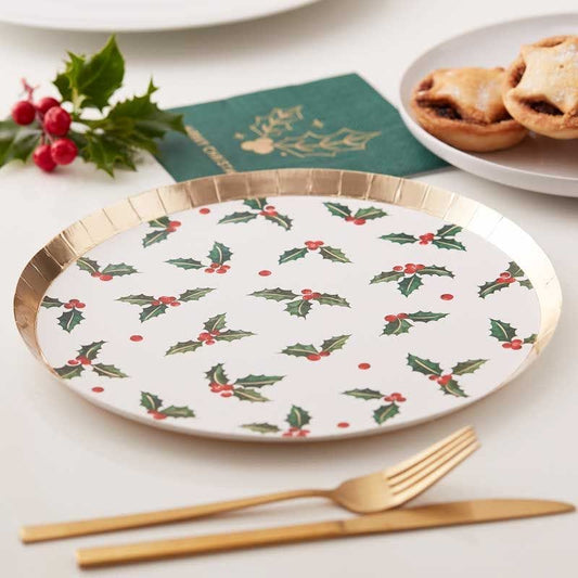 Gold Foiled Holly Leaf Paper Plates - 24cm (8pk)