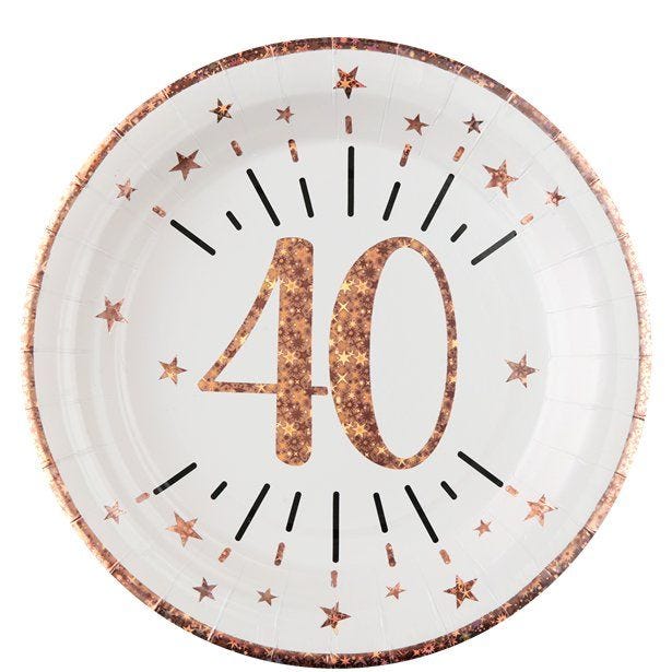 Sparkling Rose Gold 40th Paper Plates - 22.5cm (10pk)