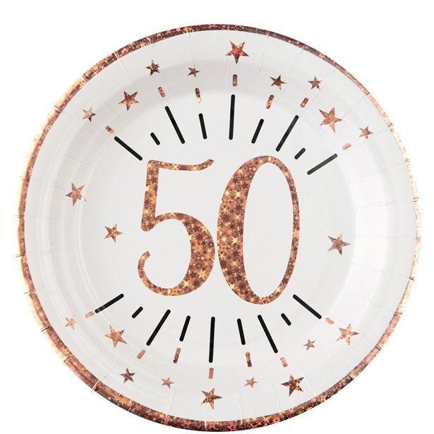 Sparkling Rose Gold 50th Paper Plates - 22.5cm (10pk)