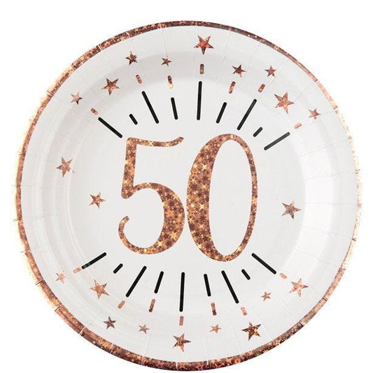 Sparkling Rose Gold 50th Paper Plates - 22.5cm (10pk)