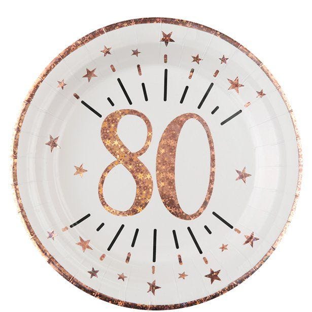 Sparkling Rose Gold 80th Paper Plates - 22.5cm (10pk)