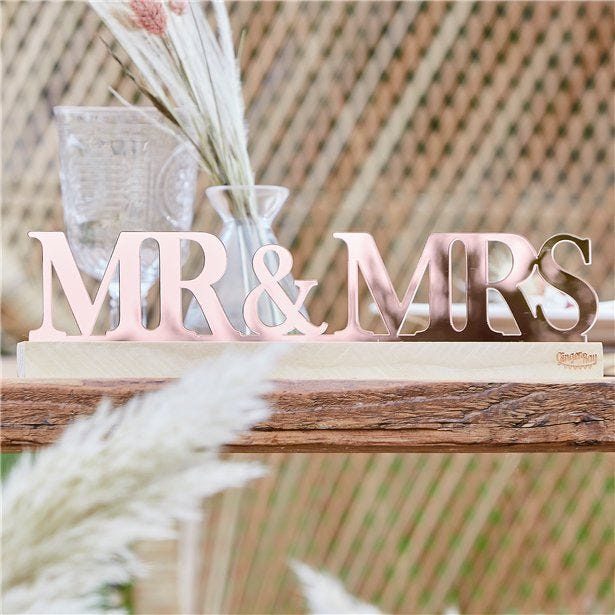 A Touch Of Pampas Rose Gold Acrylic Mr & Mrs Table Decoration