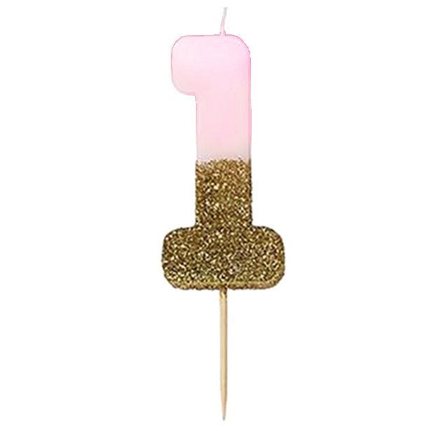 Pink and Gold Glitter Number 1 Candle - 7.7cm