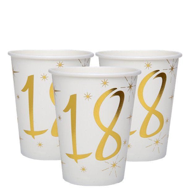 White & Gold Sparkle 18th Paper Cups - 270ml (10pk)