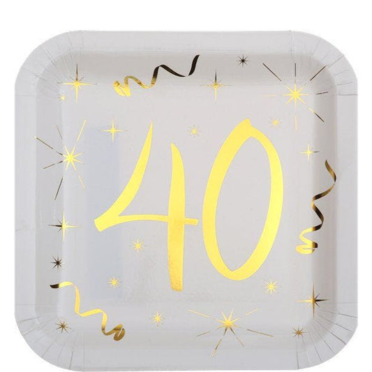 White & Gold Sparkle 40th Paper Plates - 23cm (10pk)