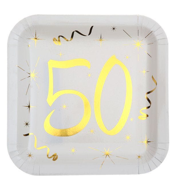 White & Gold Sparkle 50th Paper Plates - 23cm (10pk)