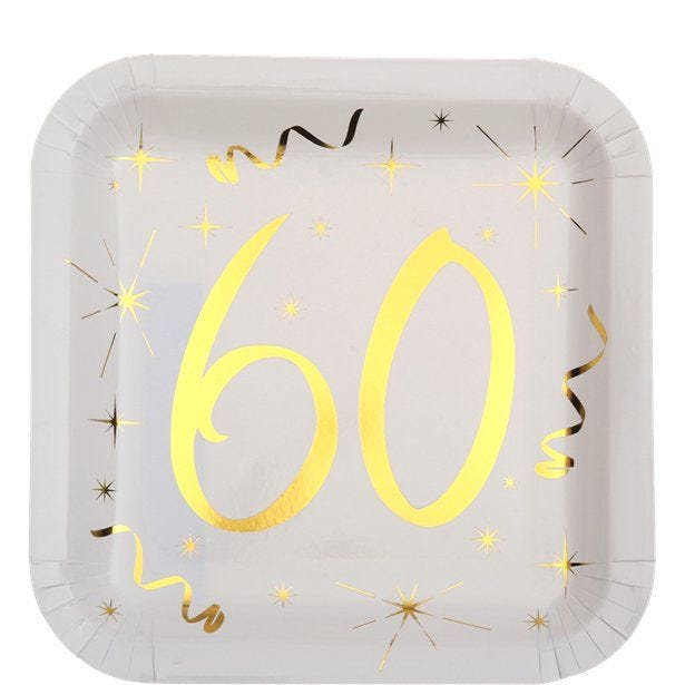 White & Gold Sparkle 60th Paper Plates - 23cm (10pk)