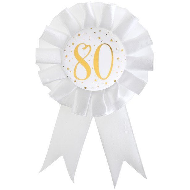 White & Gold Sparkle 80th Rosette