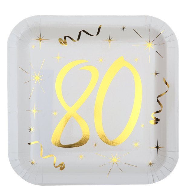 White & Gold Sparkle 80th Paper Plates - 23cm (10pk)