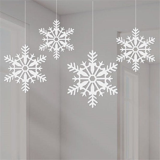 White Glitter Snowflake Hanging Decorations - 10cm (4pk)