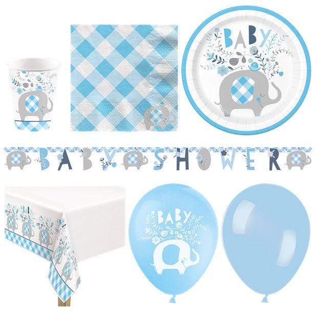 Blue Floral Elephant Baby Shower - Deluxe Party Pack for 16