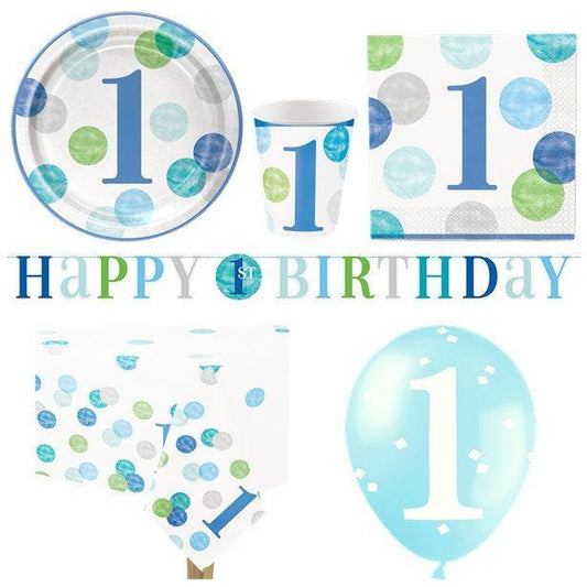 Blue Dots 1st Birthday - Deluxe Party Pack for 8