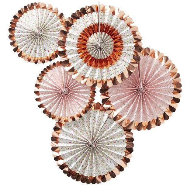 Ditsy Floral Rose Gold Foiled Fan Decorations - 38cm (5pk)