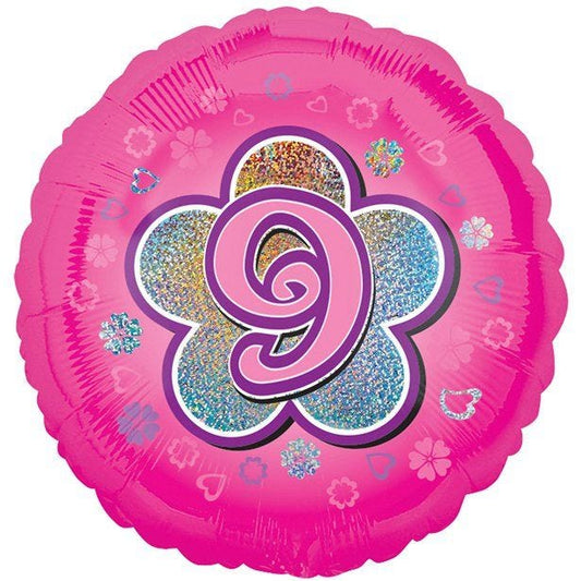 Age 9 Pink Flowers Balloon - 18" Foil