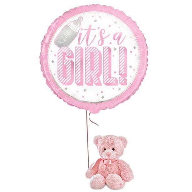 Pink Bear & It's A Girl Balloon - Delivered Inflated