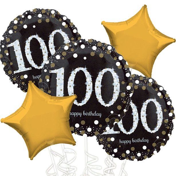 100th Birthday Gold Sparkling Celebration Balloon Bouquet - Assorted Foil 18"