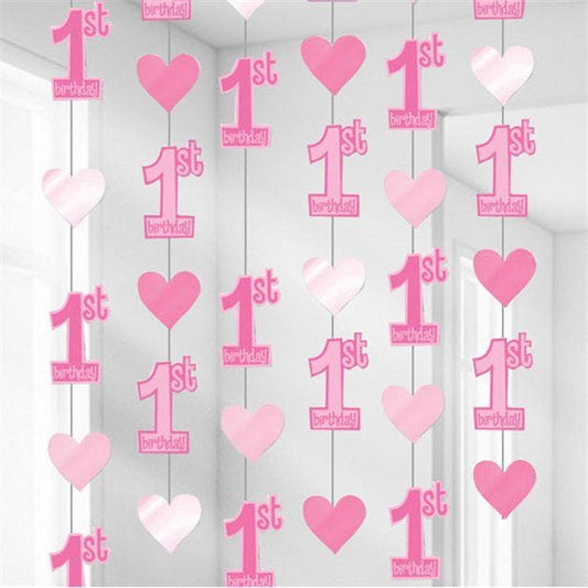 Pink 1st Birthday String Decoration (6pk)