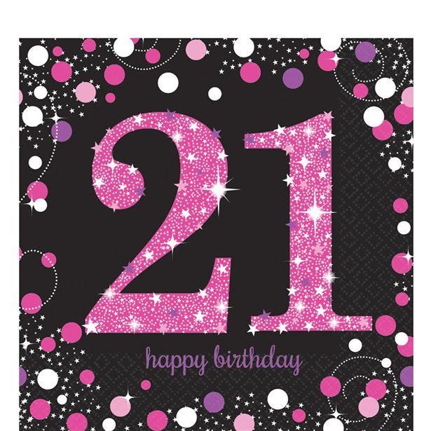 Pink Happy 21st Birthday Paper Napkins - 33cm (16pk)