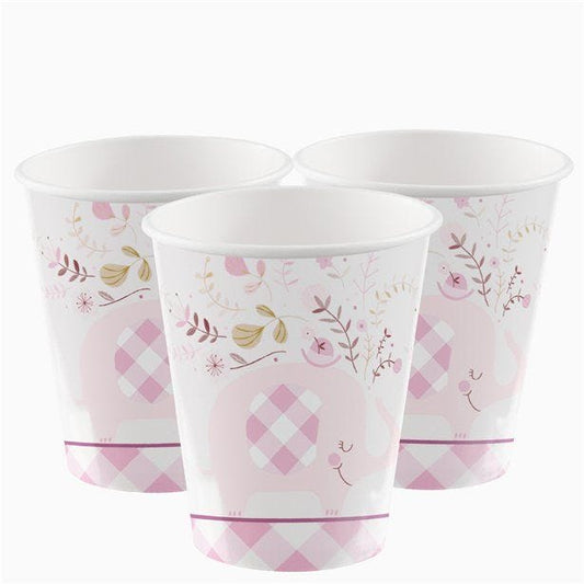 Pink Floral Elephant Paper Cups - 266ml (8pk)