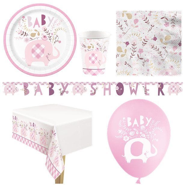 Pink Floral Elephant Baby Shower - Deluxe Party Pack for 8