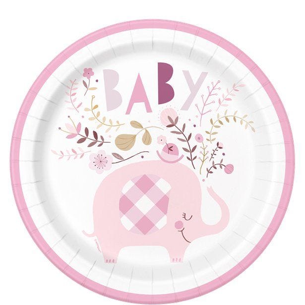 Pink Floral Elephant Paper Plates - 23cm (8pk)