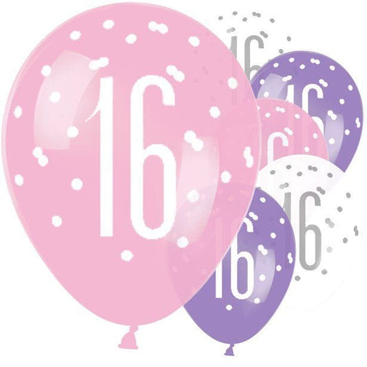 Pink 16th Birthday Latex Balloons - 12" (6pk)