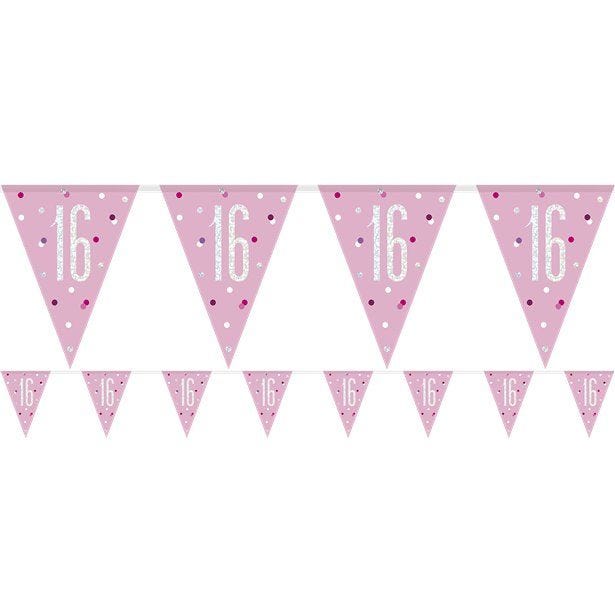 Pink 16th Birthday Plastic Bunting - 2.75m