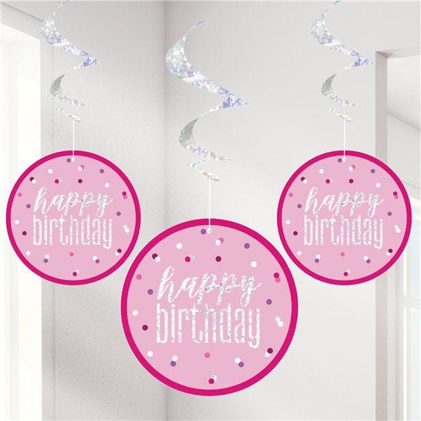 Pink 'Happy Birthday' Hanging Swirls - 80cm