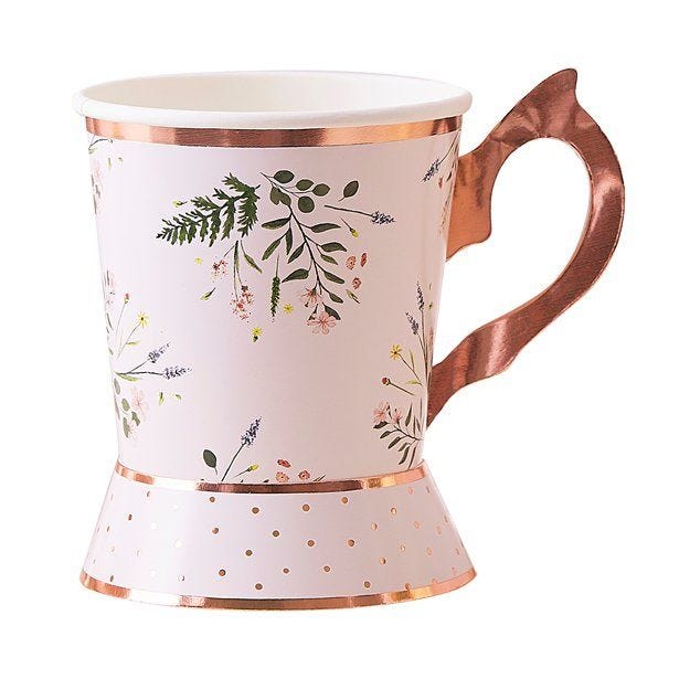 Rose Gold Floral Paper Tea Cups -255ml (8pk)