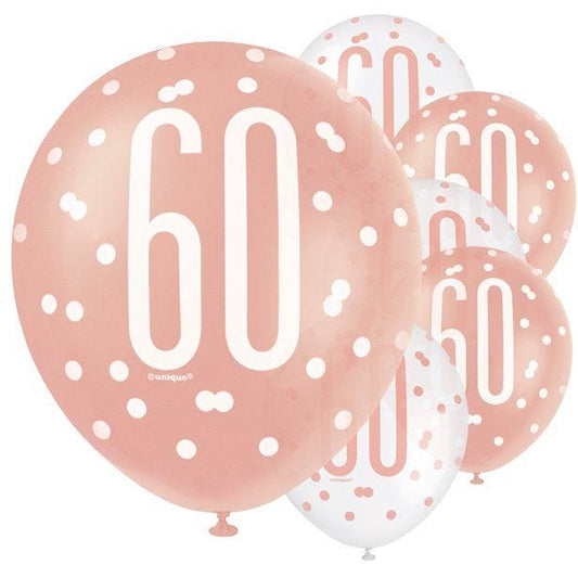 Rose Gold Glitz 60th Birthday Balloons - 12" Latex (6pk)