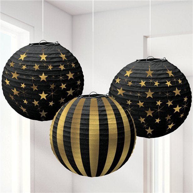 Black and Gold Hanging Paper Lanterns (3pk)