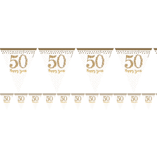 50th Gold Sparkling Wedding Anniversary Plastic Flag Bunting - 4m