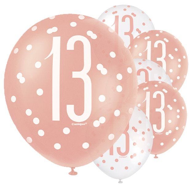 Rose Gold Glitz 13th Birthday Balloons - 12" Latex (6pk)