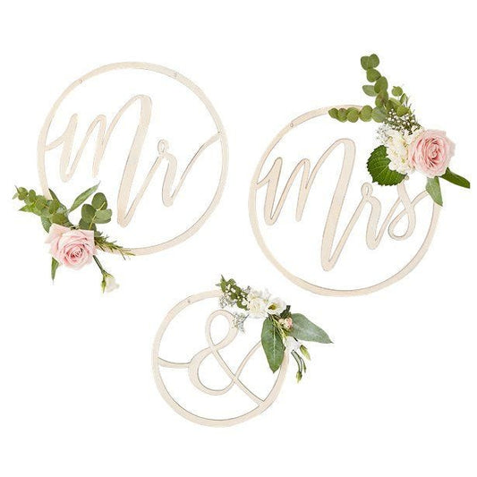 Gold Wedding Mr & Mrs Wooden Hoop Decorations - 35cm (3pk)