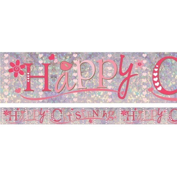 Pink 'Happy Christening' Holographic Foil Banner - 2.7m