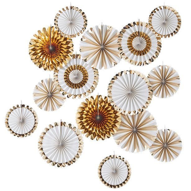 Gold & White Paper Fan Decorations (15pk)