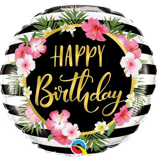 Birthday Hibiscus Flower & Stripes Foil Balloon - 18" Balloon