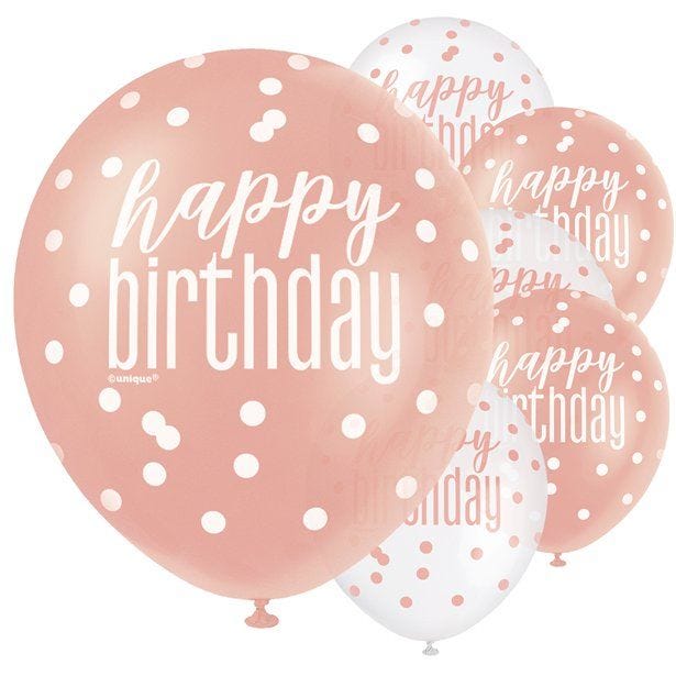 Rose Gold Glitz Happy Birthday Balloons - 12" Latex (6pk)