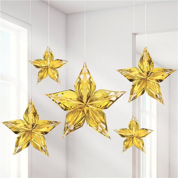 Metallic Gold Hanging Stars - 40cm (5pk)