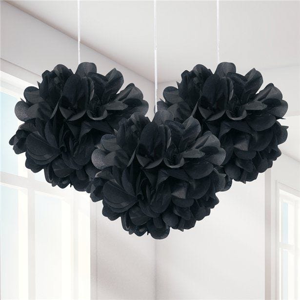 Black Pom Pom Decorations - 23cm (3pk)