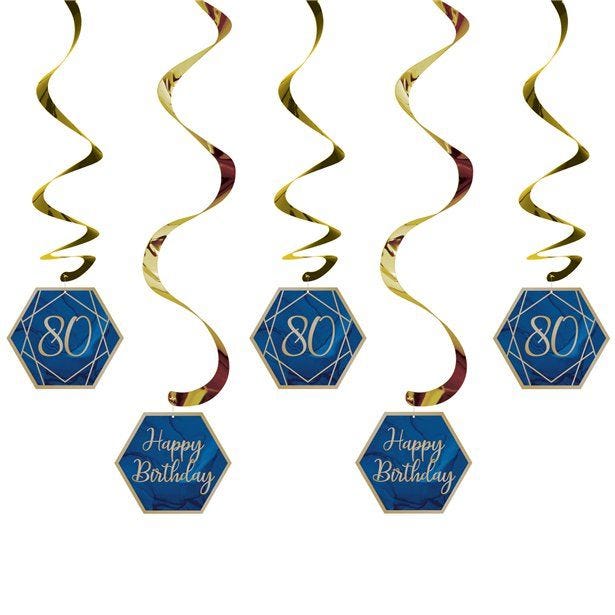 80th Birthday Navy & Gold Geode Hanging Swirls (5pk)