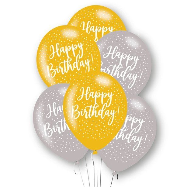 Happy Birthday Gold & Silver Latex Balloons - 11" (6pk)