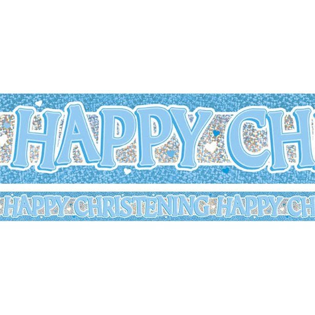 Blue 'Happy Christening' Holographic Foil Banner - 3.7m